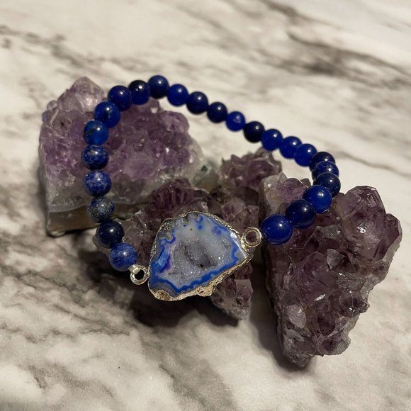 Handmade Druzy Agate Slice Stretch Bracelet Blue Dyed Agate Lapis Lazuli Beads - Picture 2 of 5